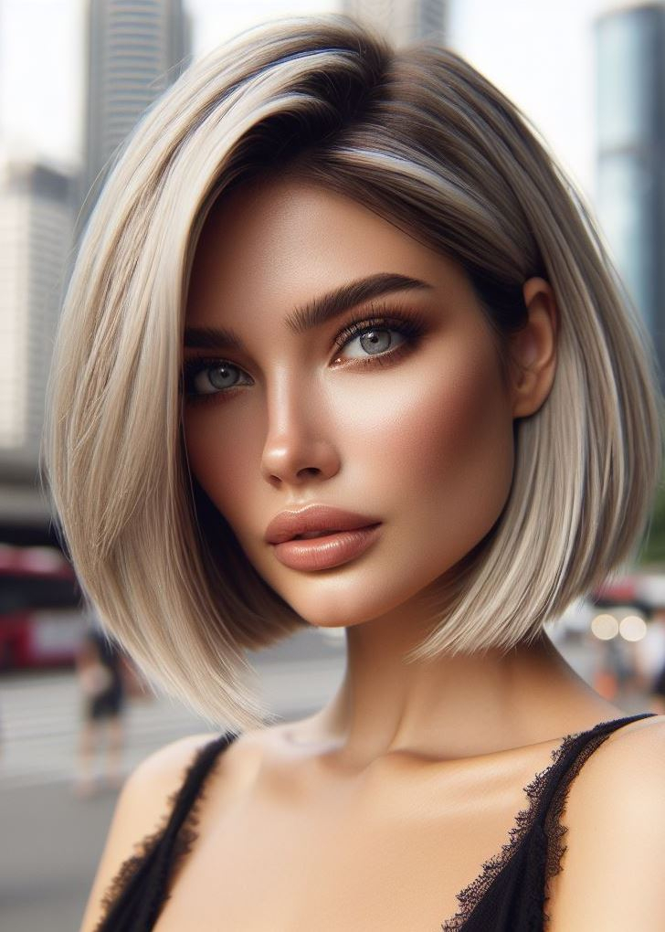 Ice queen alert! An icy blonde razor-sharp angled bob adds instant edge and icy cool vibes to medium hair. #pocoko #blondehair #angledbob