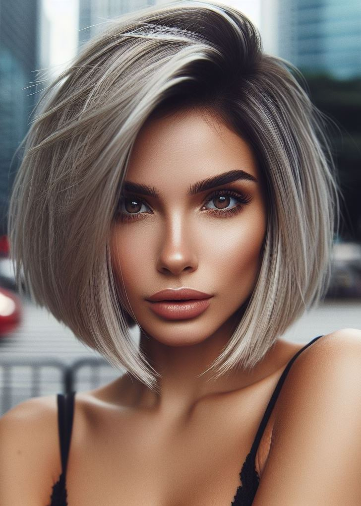 Angled perfection! Razor-sharp lines and an icy blonde shade create a striking and unforgettable look for medium hair. #pocoko #blondehair #sharpbob