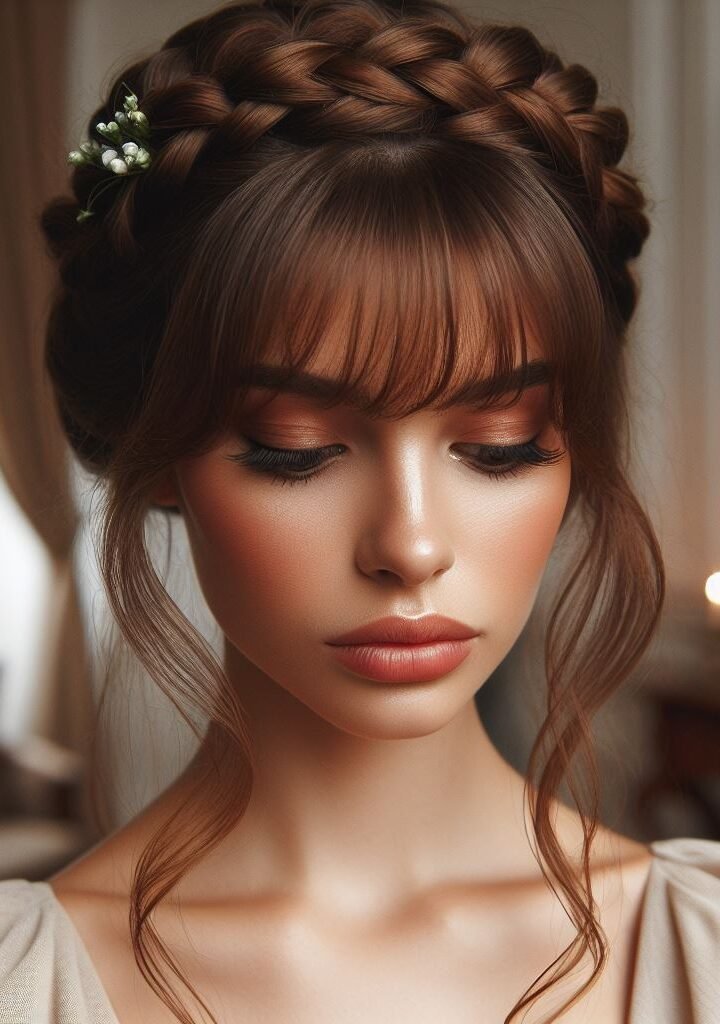 Curtain Bangs: Your Effortless Guide to 55 Stunning Styles! | Pocoko Experience elegance with Curtain Bangs styled in a stunning French Braid Crown. This romantic and sophisticated look radiates grace and charm, suitable for any occasion. Embrace classic beauty with #CurtainBangs #FrenchBraidCrown #HairstyleInspiration #POCOKO