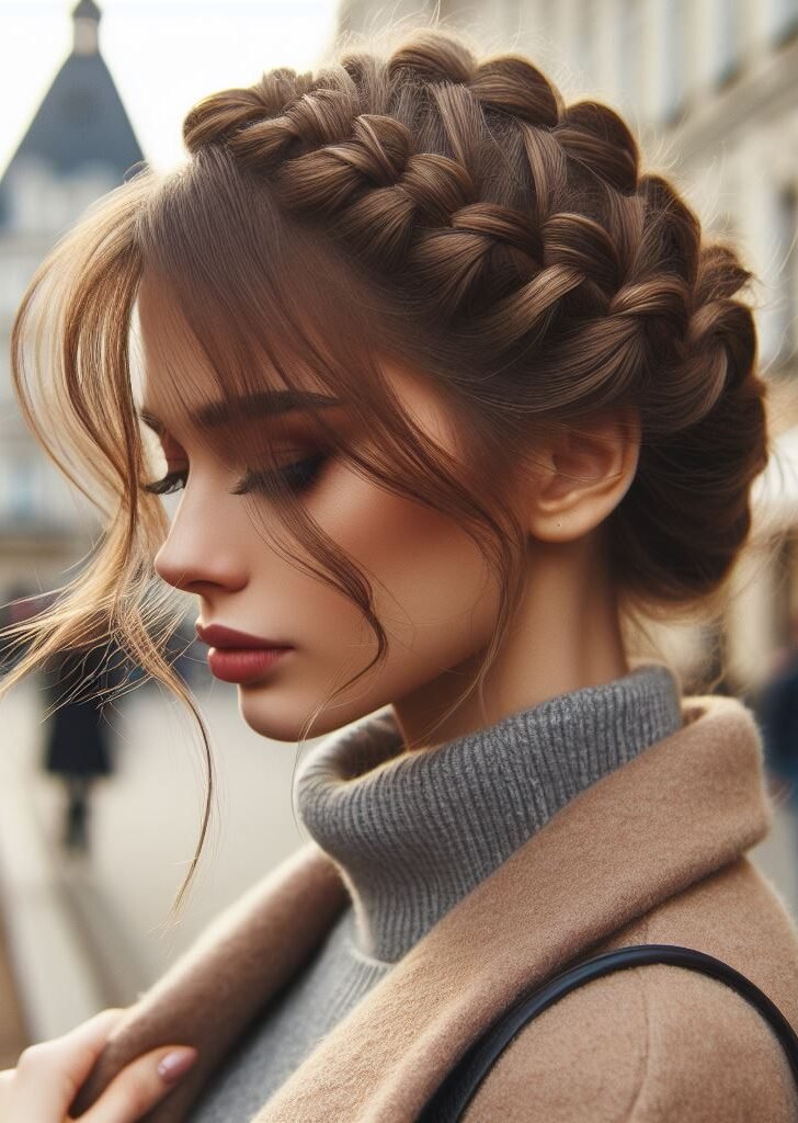 Curtain Bangs: Your Effortless Guide to 55 Stunning Styles! | Pocoko Step into elegance with Curtain Bangs styled in a beautiful French Braid Crown hairstyle. This sophisticated and romantic look exudes grace and charm, perfect for special occasions or everyday wear. Embrace timeless beauty with #CurtainBangs #FrenchBraidCrown #HairstyleInspiration #POCOKO