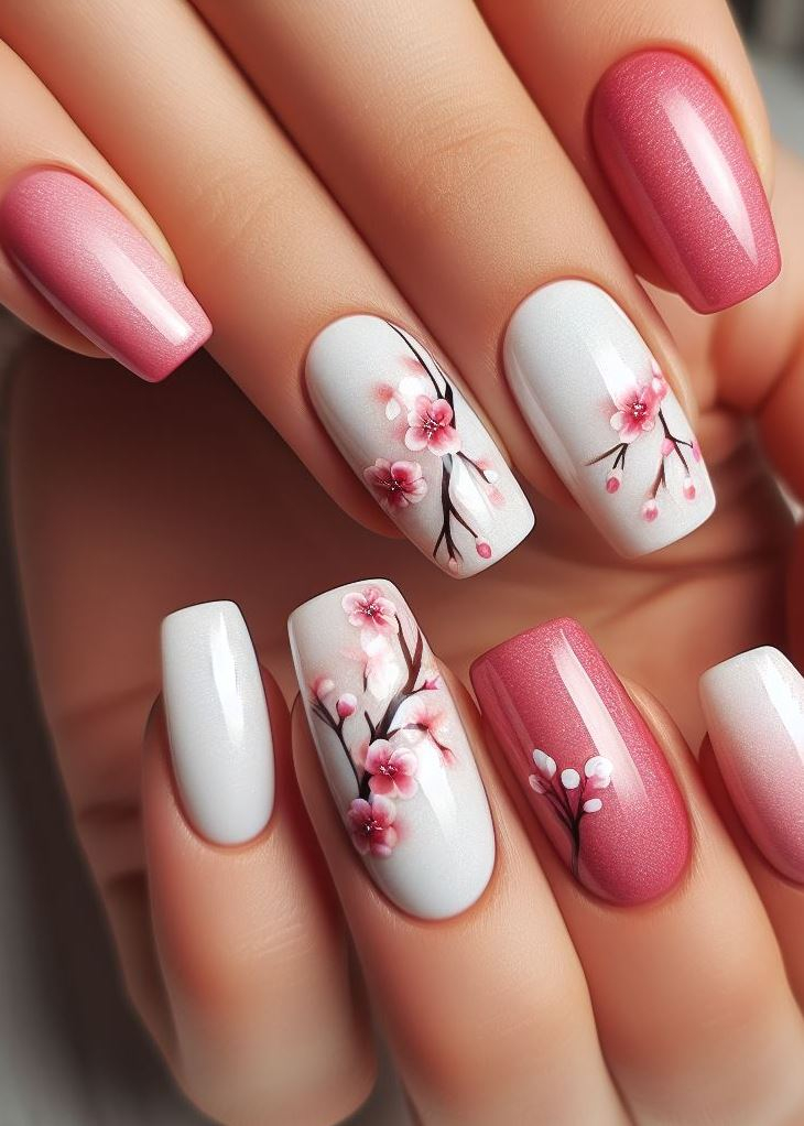Soft and sweet! Cherry blossom ombre nails in pink and white offer a touch of spring magic for your fingertips.