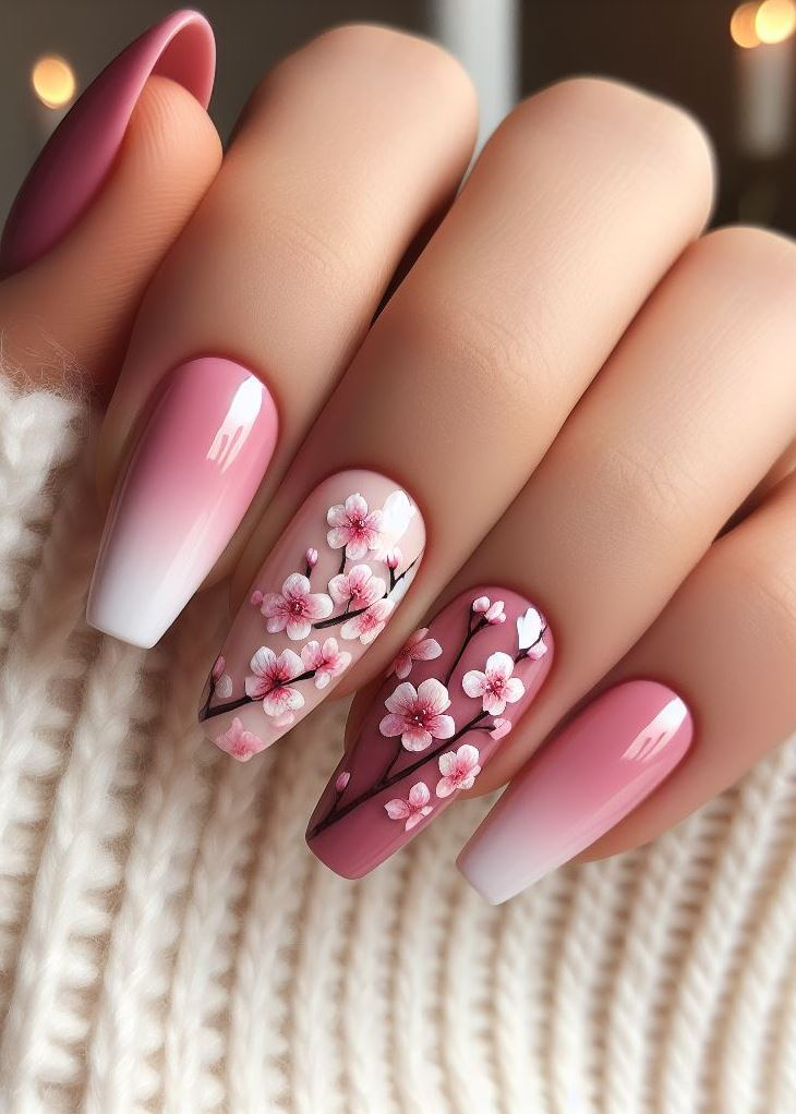 Channel the beauty of springtime! Delicate pink and white ombre nails capture the essence of blooming cherry blossoms.