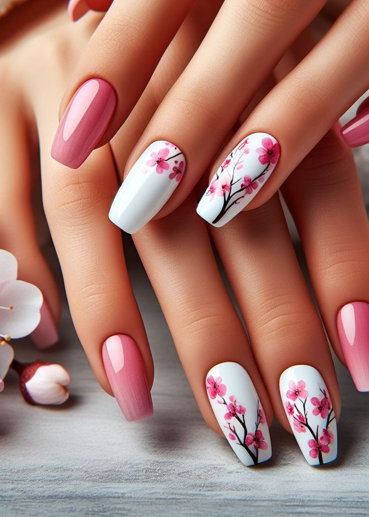 Feeling romantic? Rock cherry blossom ombre nails for a touch of ethereal beauty and subtle charm.