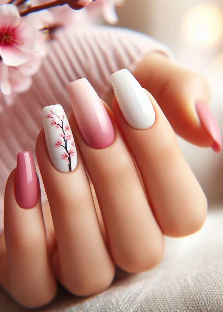 ¡Escápate de lo común con un soñador ombre de flor de cerezo! Los suaves tonos rosa y blanco crean un diseño femenino y cautivador.