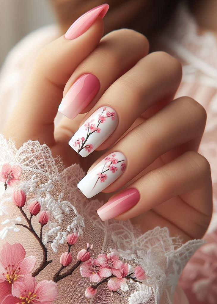 ¡Magia ombre! Esta delicada mezcla de rosa y blanco imita los suaves pétalos de los cerezos en flor.