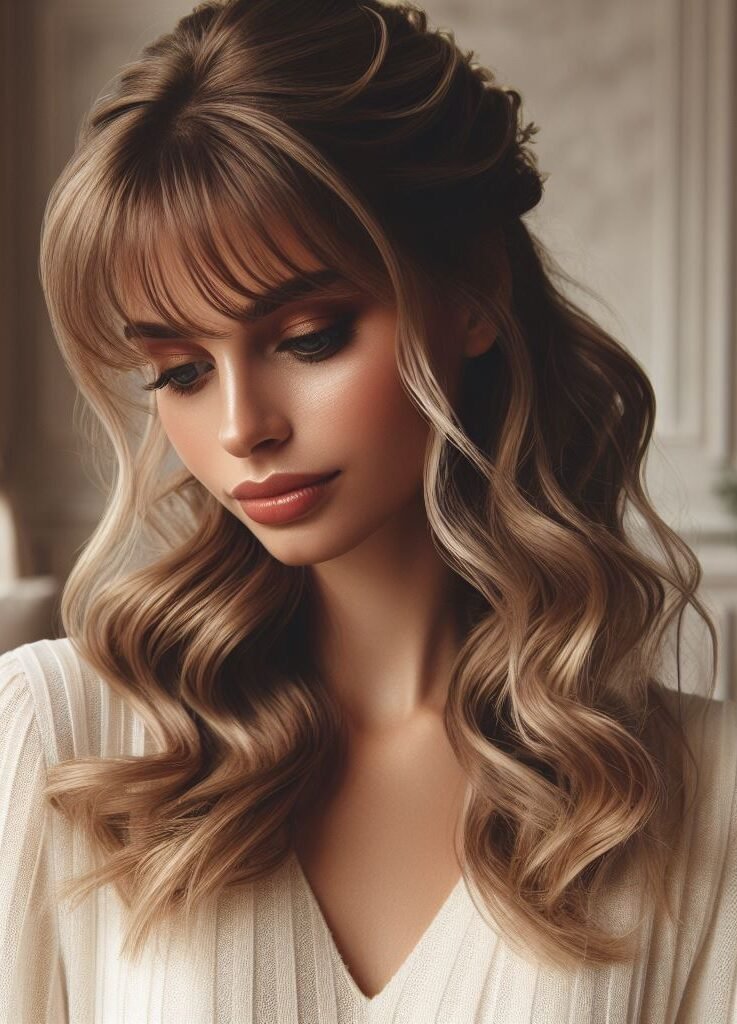 Curtain Bangs: Your Effortless Guide to 55 Stunning Styles! | Pocoko Elevate your look with Curtain Bangs styled in a chic Half-Up Half-Down Hairstyle. This versatile and trendy look adds a touch of sophistication to any outfit, perfect for both casual and formal occasions. Embrace modern elegance with #CurtainBangs #HalfUpHalfDown #HairstyleInspiration #POCOKO