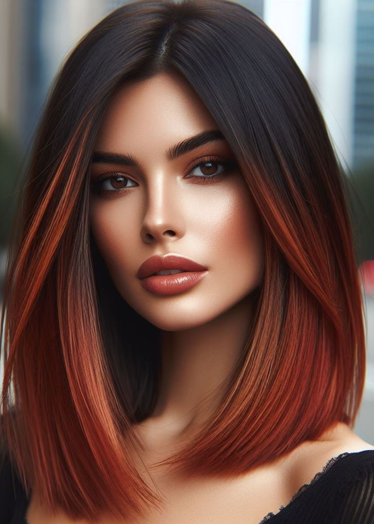 Fiery & fabulous! Sleek layers and a stunning fiery copper hue create a head-turning look for medium hair. #pocoko #copperhair #hairstyle