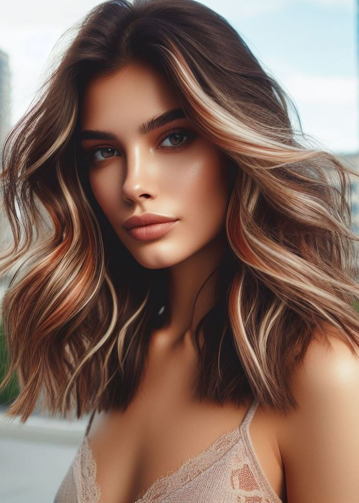 Golden waves, golden locks! Loose waves cascade down medium hair, kissed by beautiful sunset highlights for a touch of summer magic. #pocoko #hairstyle #summerhair