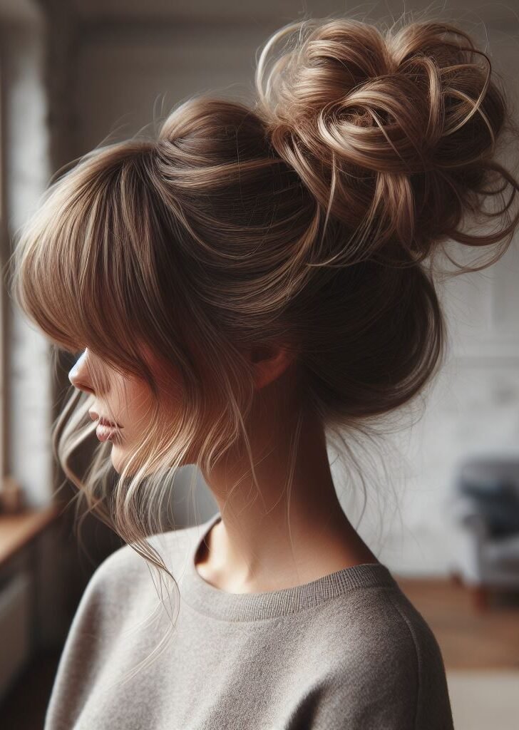 Curtain Bangs: Your Effortless Guide to 55 Stunning Styles! | Pocoko Elevate your look with Curtain Bangs styled in a chic Messy Bun Updo Hairstyle. This effortless and trendy hairstyle adds a touch of casual elegance to any outfit, perfect for both everyday wear and special occasions. Embrace modern sophistication with #CurtainBangs #MessyBun #Updo #POCOKO