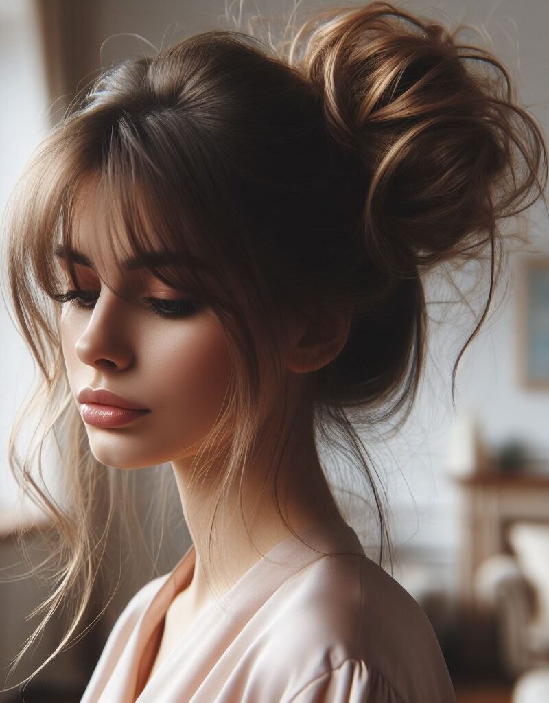 Curtain Bangs: Your Effortless Guide to 55 Stunning Styles! | Pocoko Upgrade your style with Curtain Bangs in a fashionable Messy Bun Updo Hairstyle. This effortlessly chic look adds a casual yet elegant touch to any attire, ideal for various occasions. Embrace contemporary sophistication with #CurtainBangs #MessyBun #Updo #POCOKO