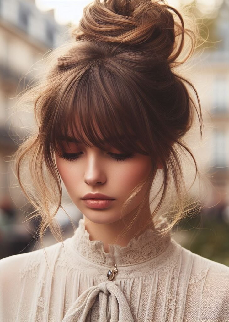 Curtain Bangs: Your Effortless Guide to 55 Stunning Styles! | Pocoko Elevate your style with Curtain Bangs adorned in a trendy Messy Bun Updo Hairstyle. This effortlessly chic look brings a casual yet sophisticated flair to any outfit, suitable for various occasions. Embrace modern sophistication with #CurtainBangs #MessyBun #Updo #POCOKO
