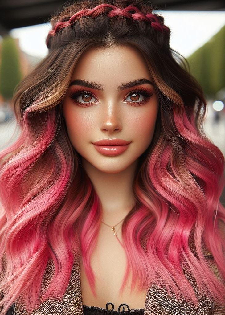 This bubblegum pink ombre with a crown braid is the hairstyle that screams "summer vibes"! ☀️ #pinkombrehair #hairstylesforlonghair #pocoko