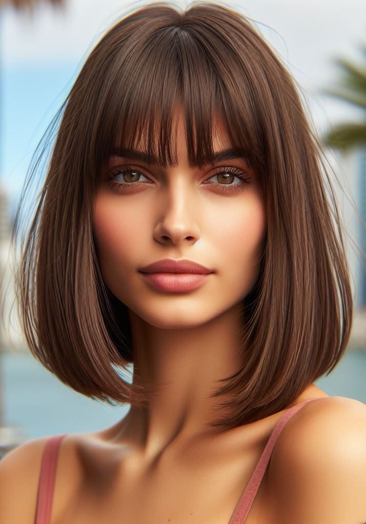Curtain Bangs: Your Effortless Guide to 55 Stunning Styles! | Pocoko Discover chic sophistication with Curtain Bangs on a medium-length dark brown bob. Effortlessly sleek and versatile, perfect for a timeless yet modern look. #CurtainBangs #BobCut #DarkBrownHair #POCOKO