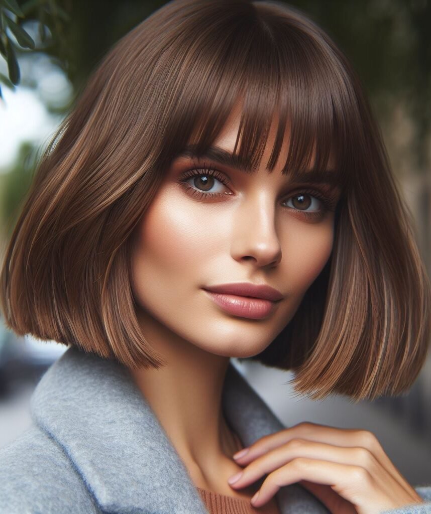Curtain Bangs: Your Effortless Guide to 55 Stunning Styles! | Pocoko Step into timeless elegance with Curtain Bangs on medium-length dark brown hair in a sleek bob cut. Versatile and sophisticated, perfect for any occasion. #CurtainBangs #BobHaircut #DarkBrownHair #POCOKO