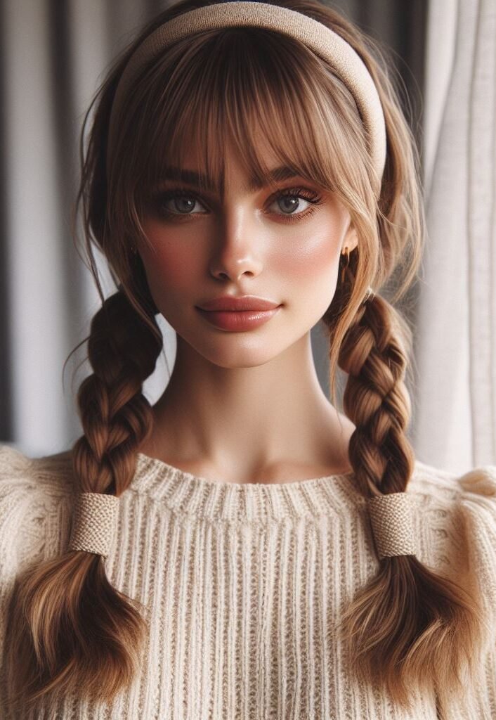 Curtain Bangs: Your Effortless Guide to 55 Stunning Styles! | Pocoko Elevate your look with Curtain Bangs styled alongside a charming Headband and Braided Pigtails Hairstyle. This playful yet stylish combination adds a touch of whimsy to your ensemble, perfect for both casual outings and fun occasions. Embrace the versatility of your style with #CurtainBangs #HeadbandHairstyle #BraidedPigtails #POCOKO