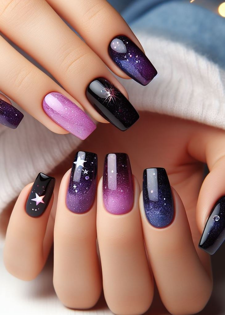 Blast off to a starry night! Deep purple to black galaxy ombre nails capture the awe-inspiring beauty of the cosmos. ✨