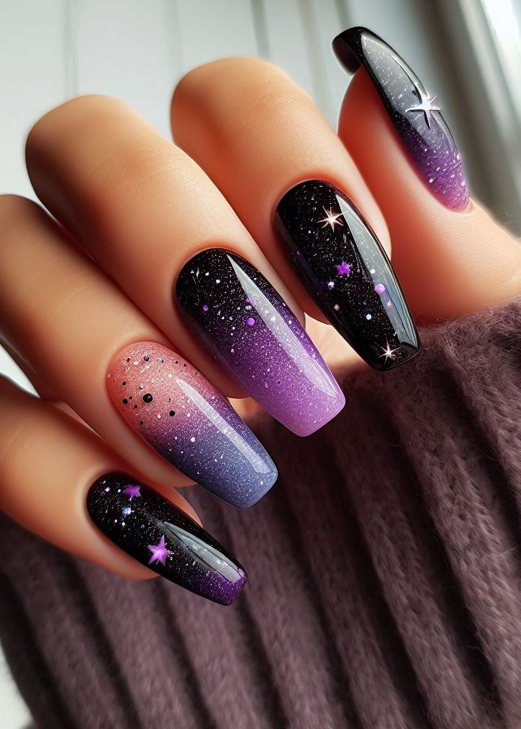 Paint your fingertips with wonder! This mesmerizing galaxy ombre lets you wear the universe on your nails.