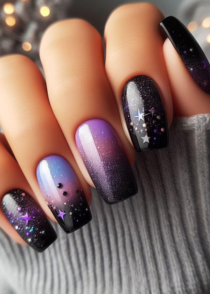 Ombre magic meets the Milky Way! This blend of purples, blacks, and glitters recreates the beauty of our galaxy.
