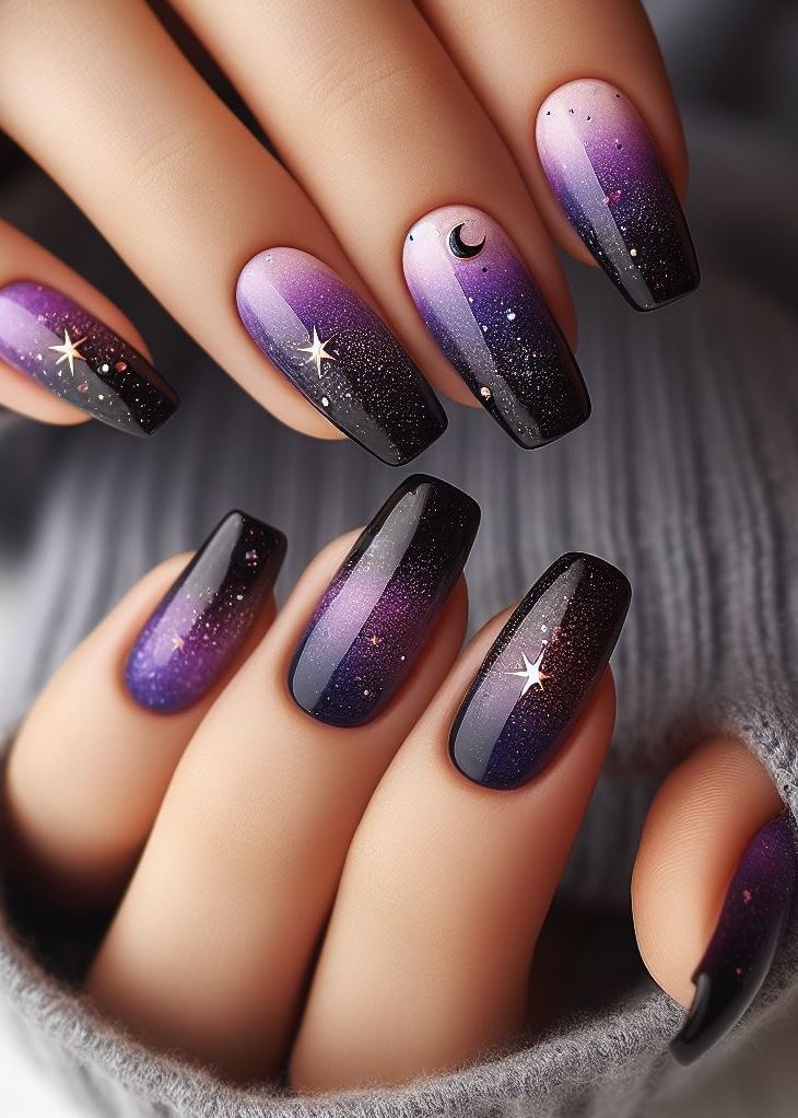 Ditch the boring mani! Galaxy ombre nails are a unique and eye-catching choice for space enthusiasts.