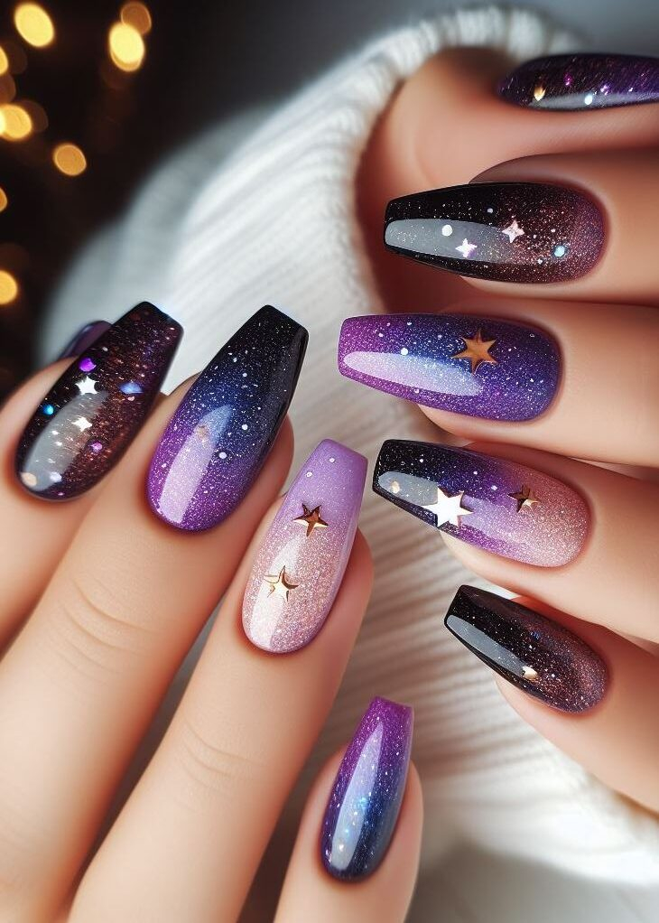 More than meets the eye! Galaxy ombre nails offer a glimpse into the infinite beauty of the cosmos. ✨