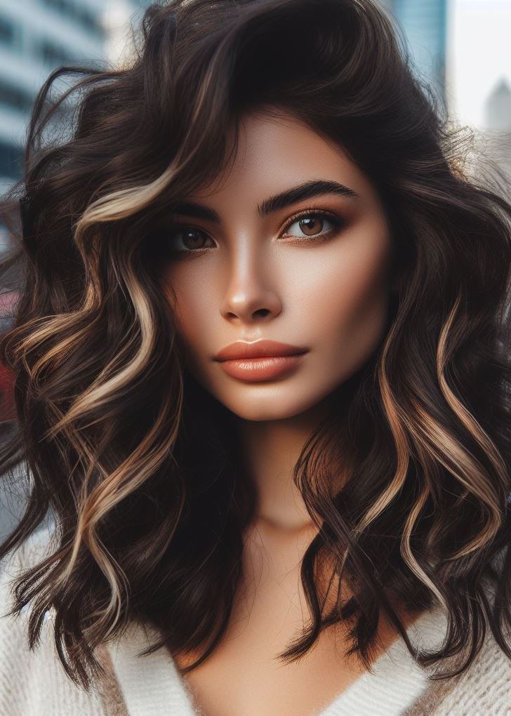 Embrace your inner goddess! Tousled curls paired with a sultry brunette shade add instant texture and dimension to medium hair. #pocoko #brunettebalayage #mediumhair
