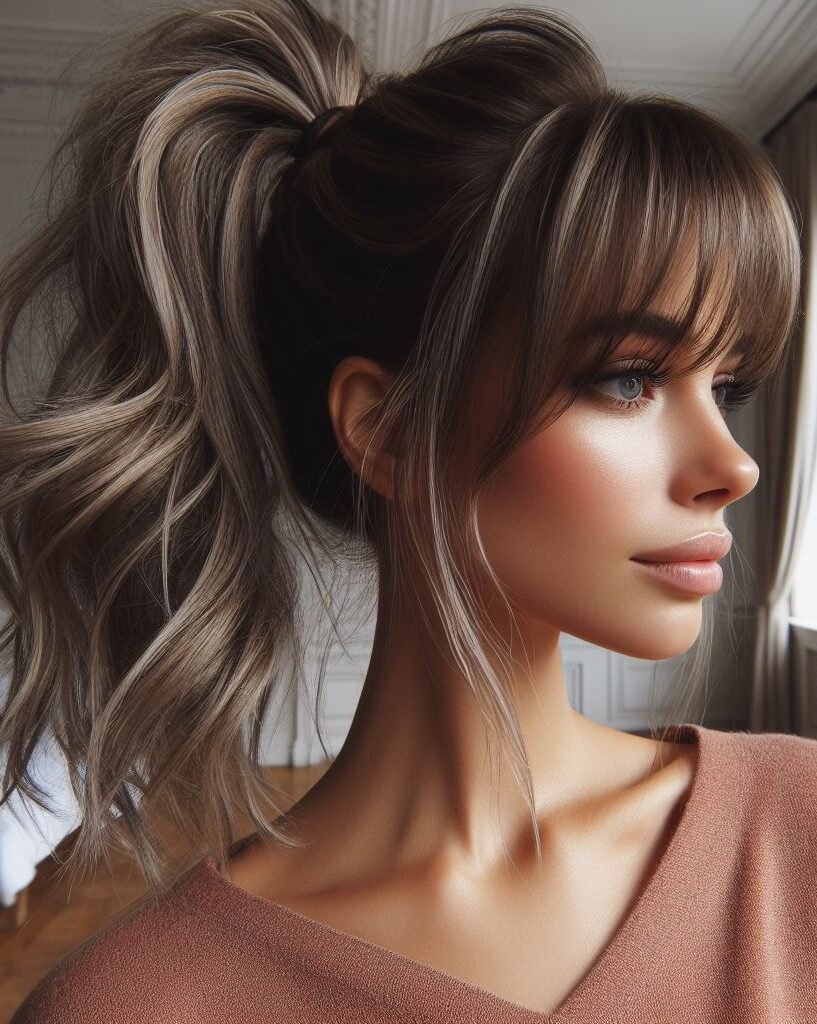 Curtain Bangs: Your Effortless Guide to 55 Stunning Styles! | Pocoko pgrade your look with Curtain Bangs styled in a sleek Textured Ponytail Hairstyle. This contemporary and adaptable choice brings a touch of elegance to any ensemble, suitable for various settings. Embrace your individuality with #CurtainBangs #TexturedPonytail #HairstyleInspiration #POCOKO