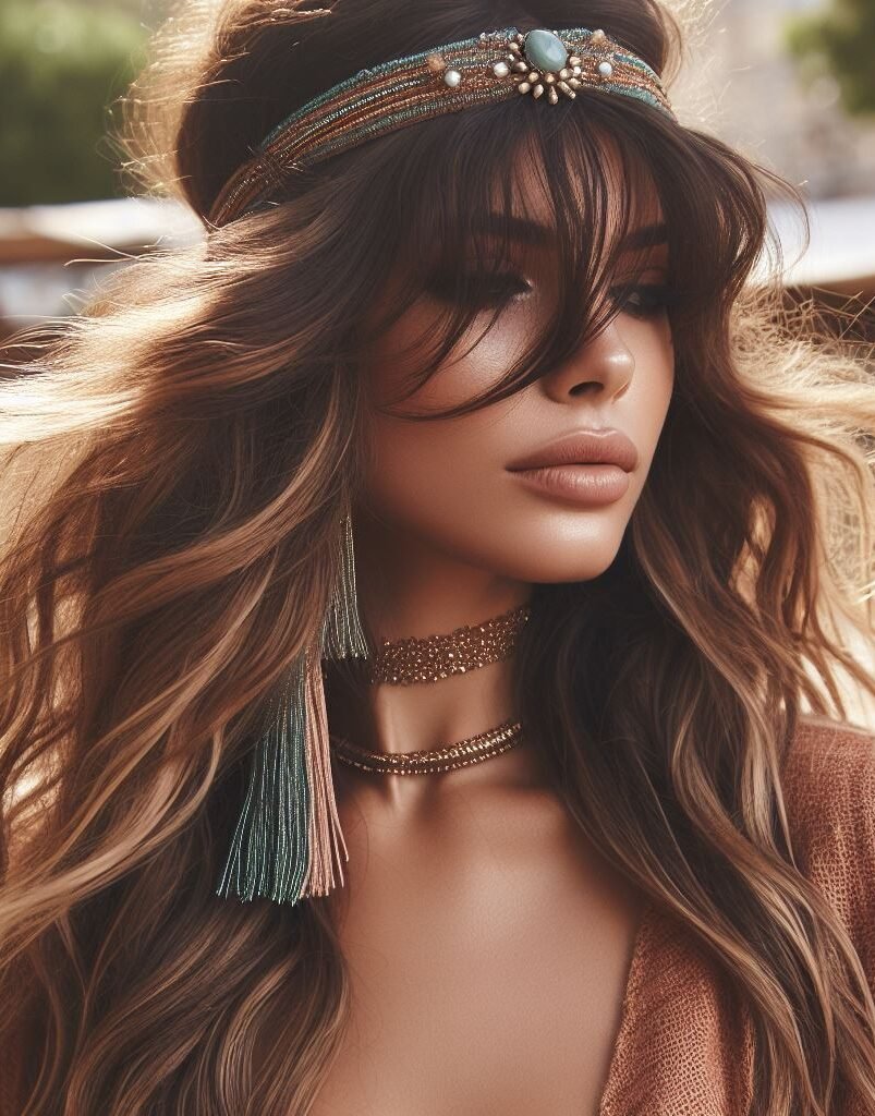 Curtain Bangs: Your Effortless Guide to 55 Stunning Styles! | Pocoko Dive into boho vibes with Curtain Bangs paired with a charming Headband and Loose Waves Hairstyle. This effortlessly chic look exudes a carefree and bohemian charm, perfect for embracing your free-spirited style. Embrace the bohemian aesthetic with #CurtainBangs #HeadbandHairstyle #LooseWaves #POCOKO