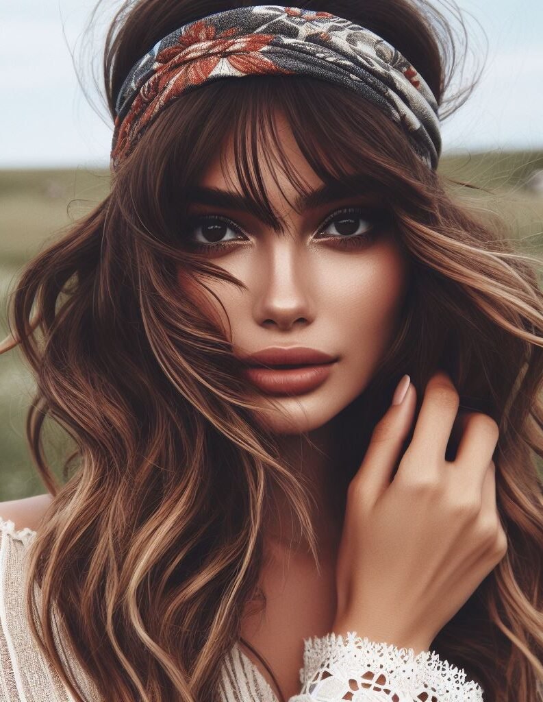 Curtain Bangs: Your Effortless Guide to 55 Stunning Styles! | Pocoko Embrace boho vibes with Curtain Bangs combined with a whimsical Headband and Loose Waves Hairstyle. This casually elegant look radiates a carefree, bohemian charm, perfect for embracing your free-spirited style. Embrace the bohemian aesthetic with #CurtainBangs #HeadbandHairstyle #LooseWaves #POCOKO