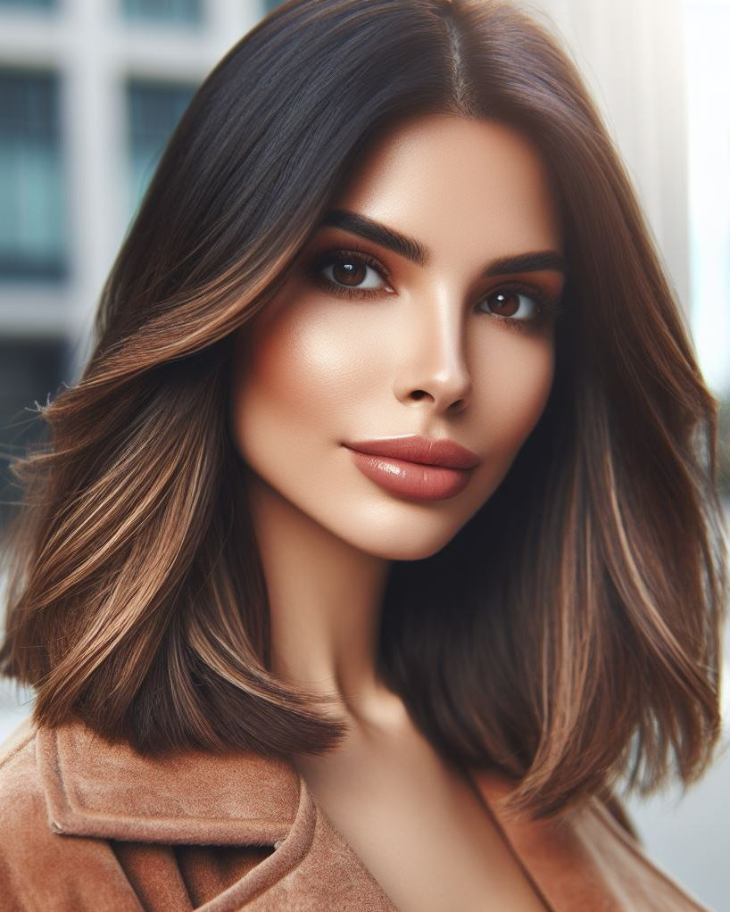 Sleek sophistication with a touch of warmth! A polished blowout and chestnut brown highlights add shine, dimension, and richness to medium hair. #mediumhairstyle #chestnutbalayage #pocoko