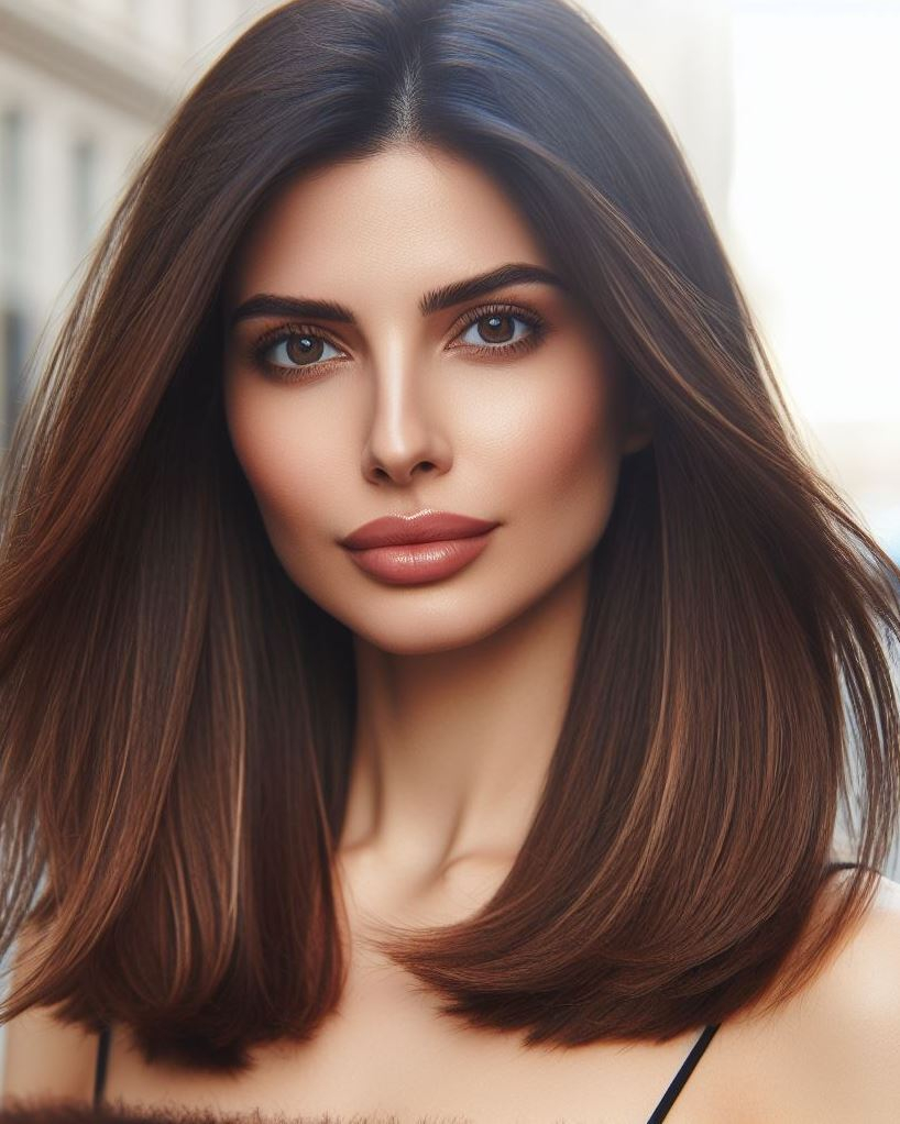 Effortless glam for your medium hair! A polished blowout paired with chestnut brown highlights creates a timeless and polished look. #hairstyles #hairgoals #pocoko