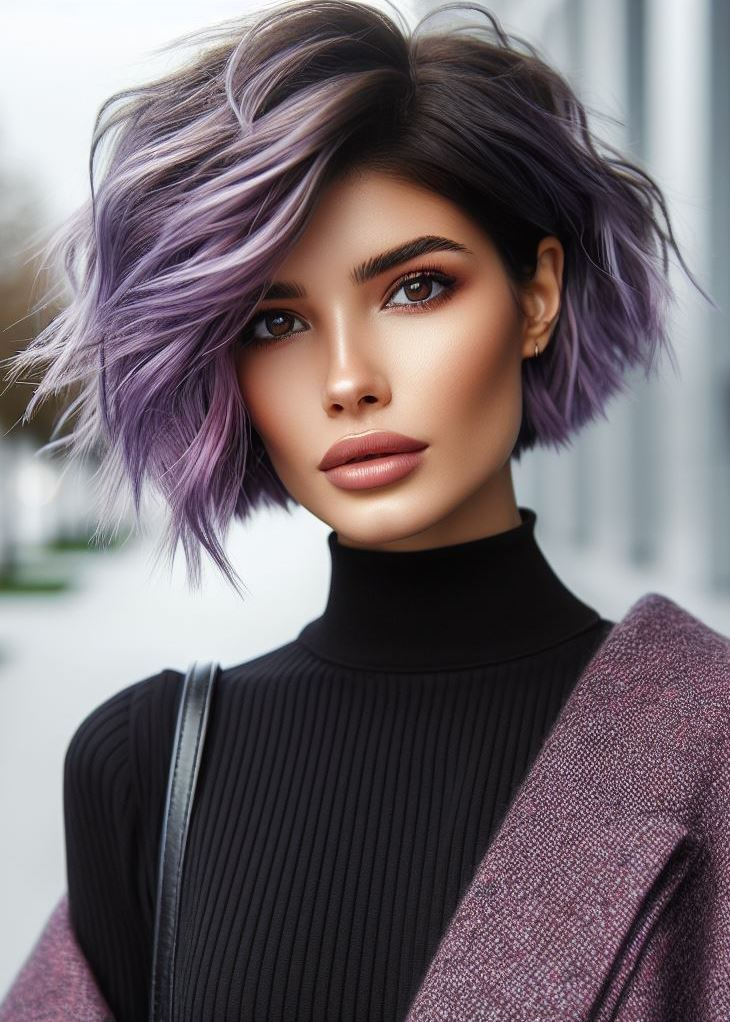 Dreamy and ethereal! Wispy layers and soft lavender highlights add a touch of whimsy and dimension to medium hair. #mediumhairstyle #lavenderhair #pocoko