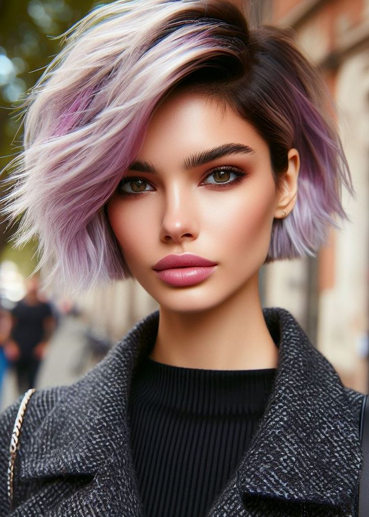 Subtle yet striking! Wispy layers add texture, while pastel lavender highlights add a pop of unexpected color to medium hair. #mediumhairstyle #pastelhair #pocoko