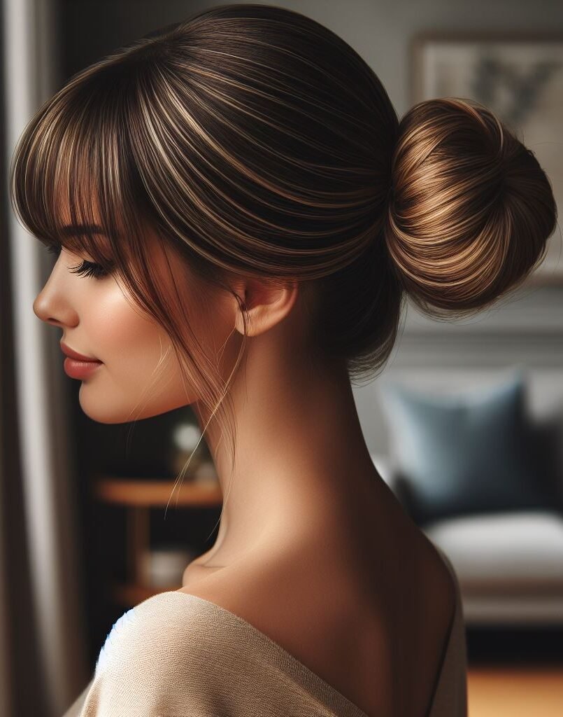 Curtain Bangs: Your Effortless Guide to 55 Stunning Styles! | Pocoko Elevate your style with Curtain Bangs framing a sleek bun adorned with blonde highlights. This sophisticated and chic hairstyle exudes elegance and versatility, perfect for both casual and formal occasions. Embrace the polished look with #CurtainBangs #SleekBun #BlondeHighlights #POCOKO