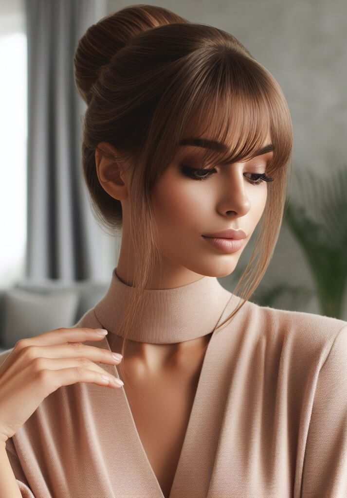 Curtain Bangs: Your Effortless Guide to 55 Stunning Styles! | Pocoko Elevate your look with Curtain Bangs framing a sleek bun hairstyle. This timeless and elegant choice adds sophistication to any outfit, suitable for various occasions. Embrace classic beauty with #CurtainBangs #SleekBun #HairstyleInspiration #POCOKO