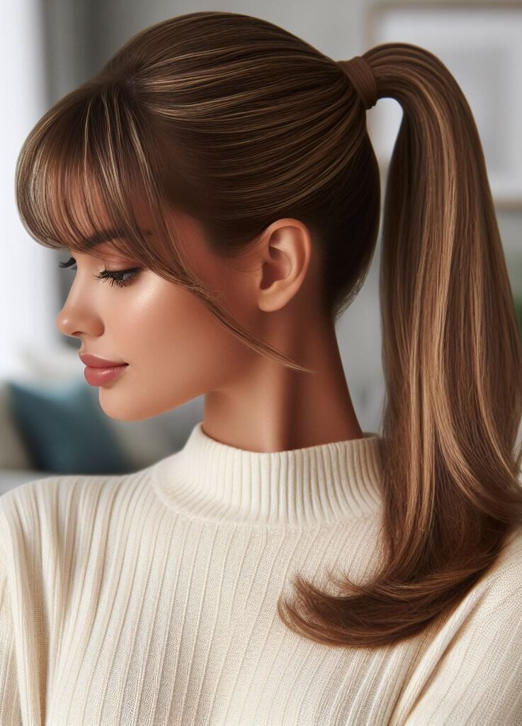 Curtain Bangs: Your Effortless Guide to 55 Stunning Styles! | Pocoko Elevate your style with Curtain Bangs framing a sleek ponytail. This chic and versatile hairstyle adds a touch of sophistication to any look, perfect for both casual and formal occasions. Embrace the sleek trend with #CurtainBangs #SleekPonytail #HairstyleInspiration #POCOKO