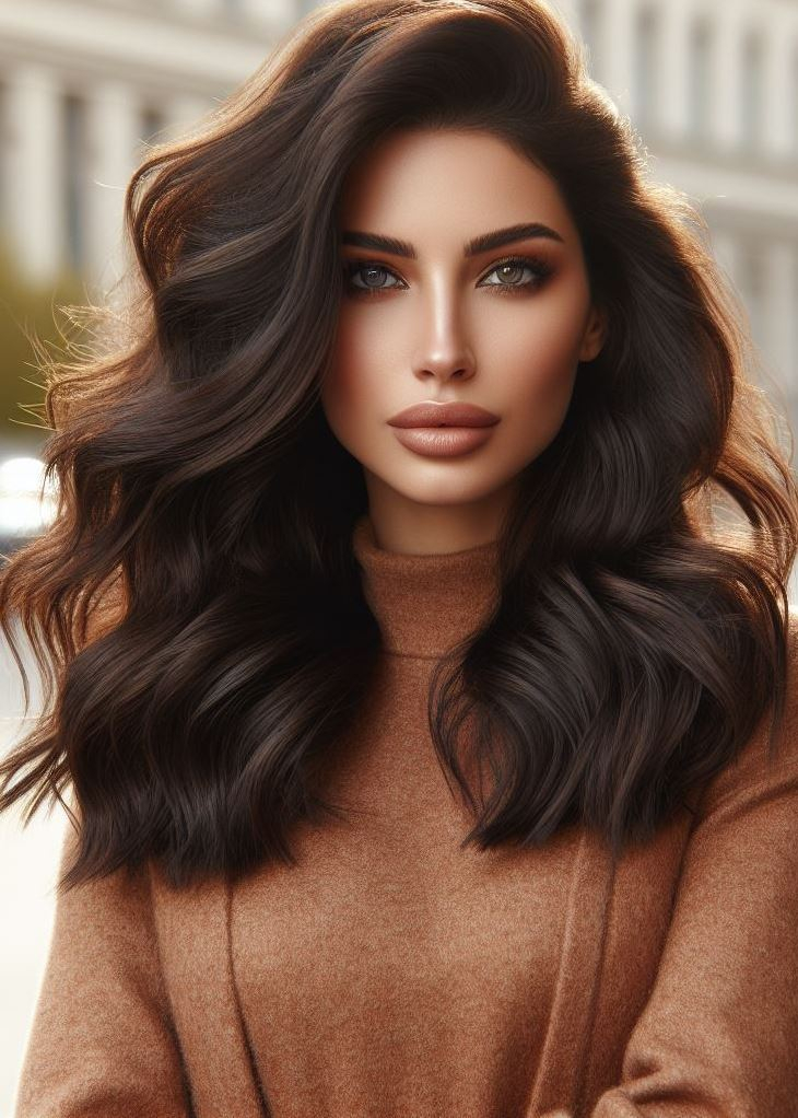 Big hair, don't care! ✨ A voluminous blowout and rich espresso hair color add instant body, bounce, and drama to medium hair. #mediumhairstyle #brunettehairgoals #pocoko