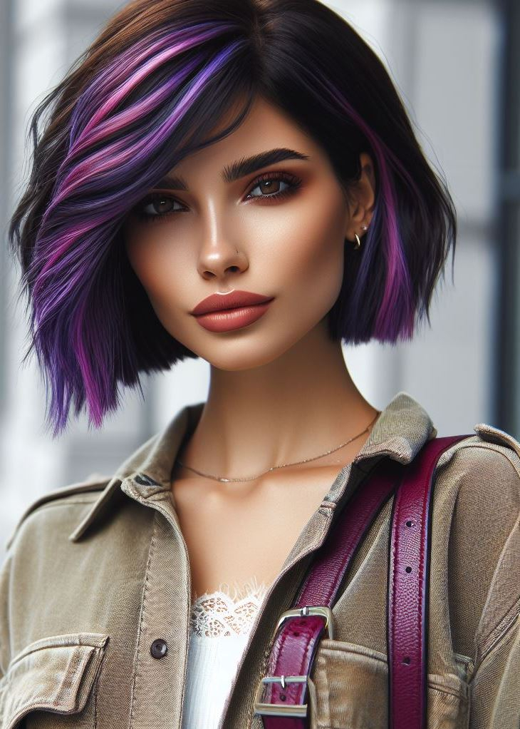 Edgy and eye-catching! A textured bob with vibrant purple streaks adds a bold statement to medium hair. #mediumhairstyle #purplehair #pocoko