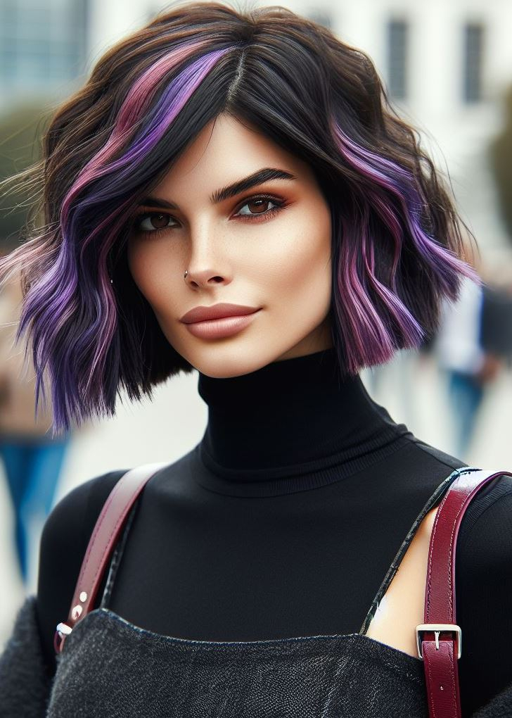 Short and sassy! ✨ A textured bob gets a playful upgrade with vibrant purple streaks for a fun and flirty look on medium hair. #hairstyles #hairgoals #pocoko