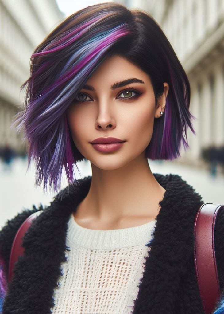 Texture meets pop of color! A textured bob is the perfect canvas for vibrant purple streaks, creating a unique and edgy style for medium hair. #mediumhairstyle #texturedhair #pocoko