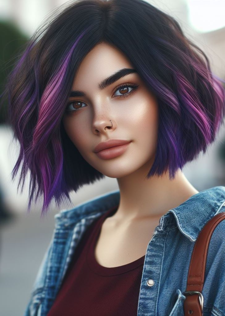 Unleash your inner rockstar! A textured bob with vibrant purple streaks adds a touch of rebellion to medium hair. This style is perfect for those who love to stand out. #hairstyles #purplehairgoals #pocoko