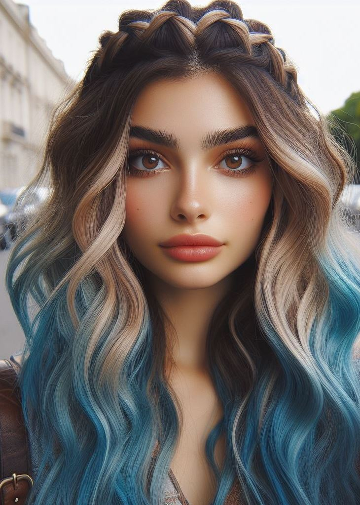 Soft and dreamy! This baby blue ombre with a crown braid creates a whimsical hairstyle perfect for any occasion. #bluehair #crownbraid #pocoko