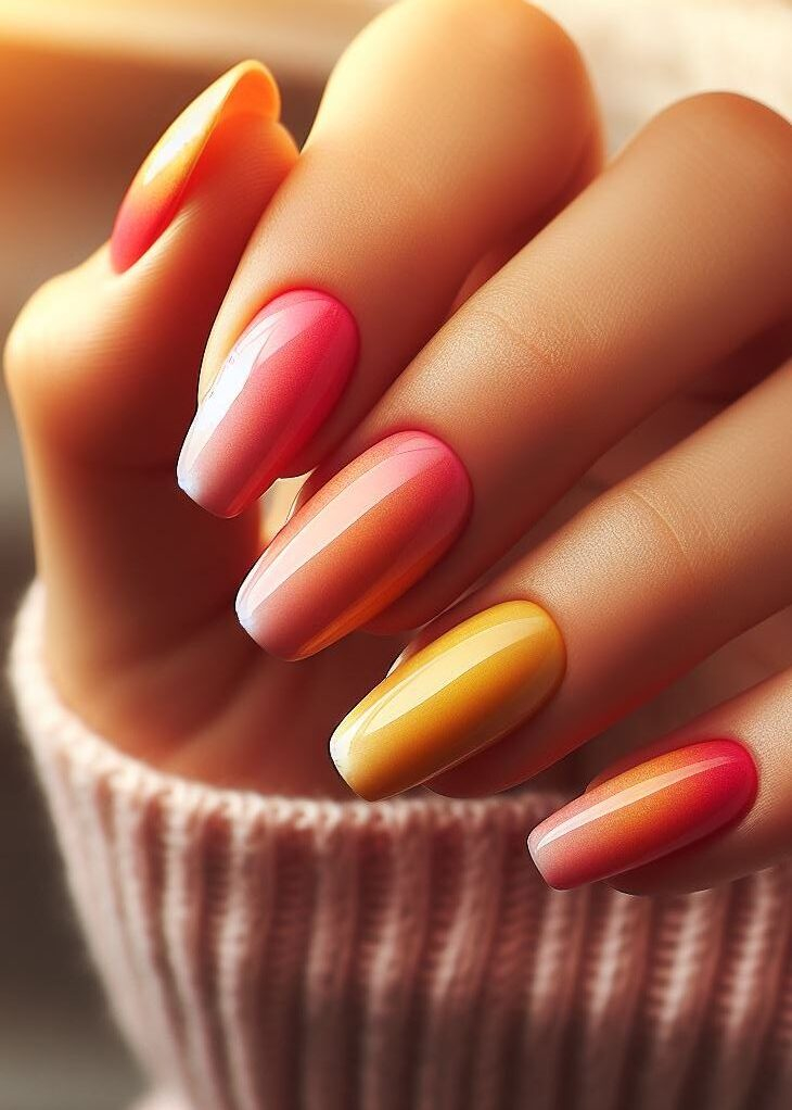 Ombre Nails: The Effortless Way to Stunning Gradients | Pocoko Paint your fingertips with a fiery sunset! This orange, yellow, and pink ombre is pure summer fun.