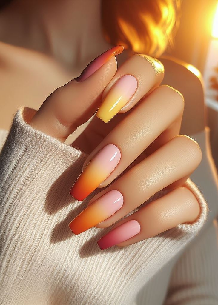 Ombre Nails: The Effortless Way to Stunning Gradients | Pocoko Ombre magic! 🪄 These sunset nails blend orange, yellow, and pink for a breathtaking gradient.