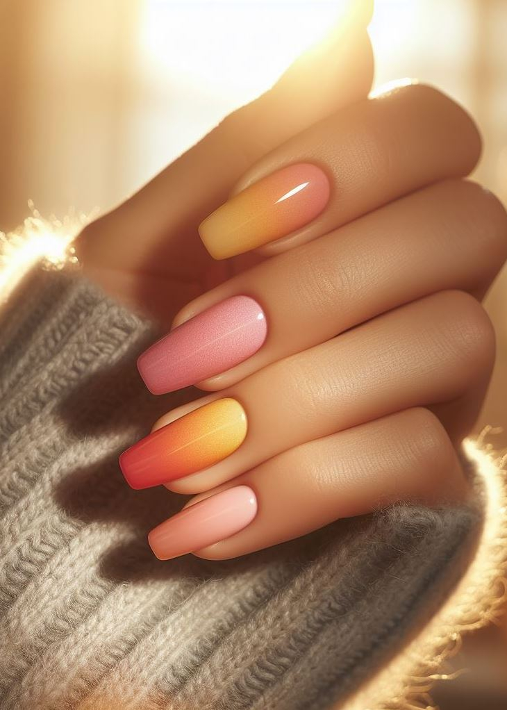 Ombre Nails: The Effortless Way to Stunning Gradients | Pocoko Escape the ordinary with sunset ombre nails! A vibrant blend of orange, yellow, and pink is perfect for free spirits.
