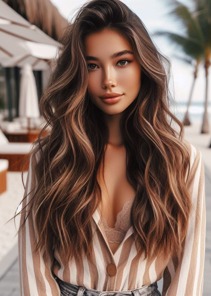 Effortless beauty with a touch of sunshine! Sun-kissed highlights dance through effortless beach waves on medium hair, creating a dimensional and flattering style. #mediumhairstyle #hairgoals #pocoko