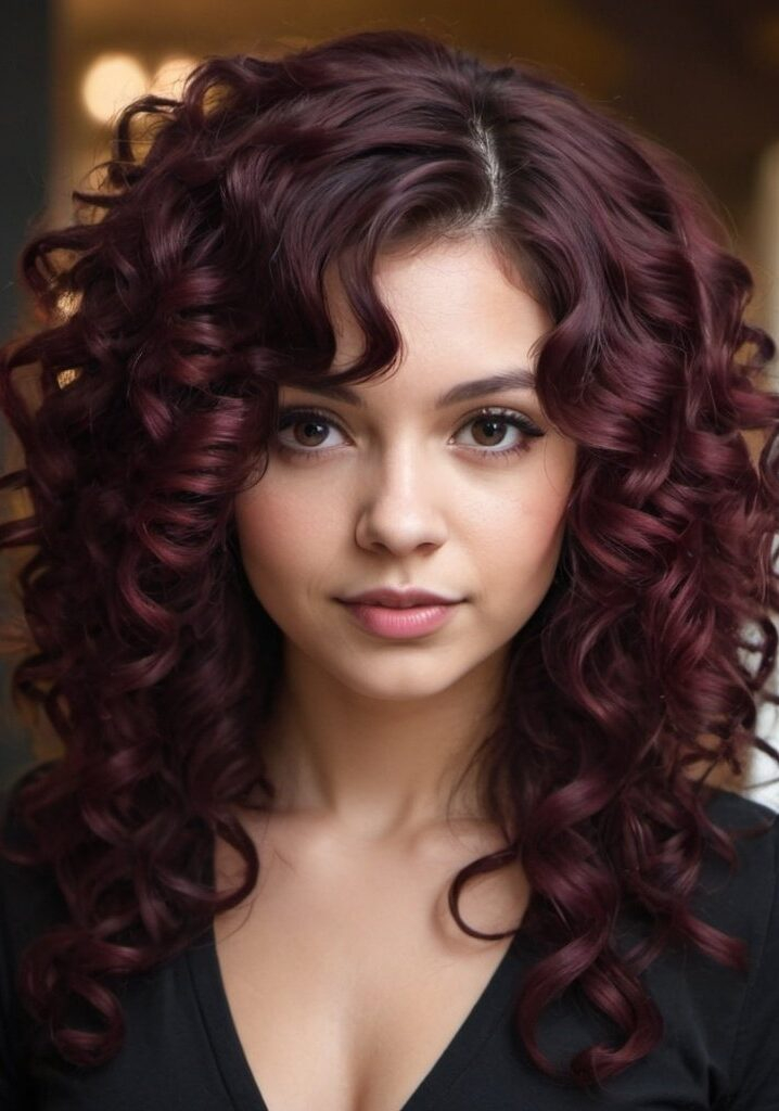 The Glamorous Queen with Cascading Curls and a Deep Burgundy Hue