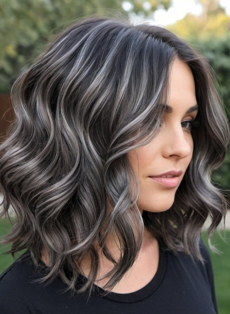 The Mysterious Vixen Medium Hair with Layered Waves and Smoky Charcoal Highlights