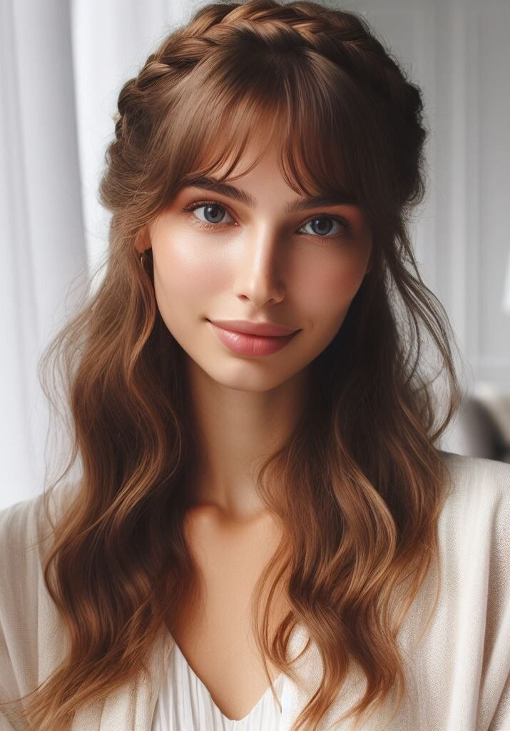 Curtain Bangs: Your Effortless Guide to 55 Stunning Styles! | Pocoko This stunning hairstyle combines the face-framing charm of curtain bangs with a chic half-up, half-down twist. The twist cleverly incorporates the braided bangs for a touch of intricate detail. Perfect for an effortlessly stylish look! #pocoko #curtainbangs #braidedhair