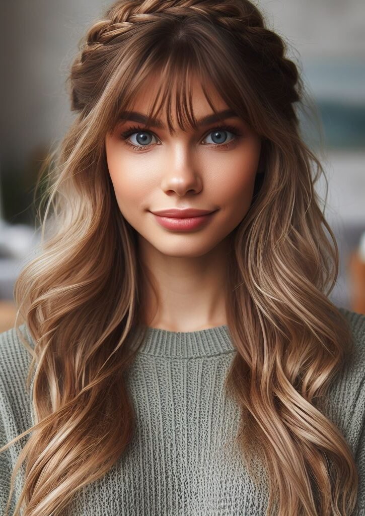 Curtain Bangs: Your Effortless Guide to 55 Stunning Styles! | Pocoko Level up your curtain bangs! This playful half-up style features a delicate braid woven through the bangs, creating a romantic and carefree vibe. #pocoko #curtainbangs #halfuphairstyles #braidedhairstyle