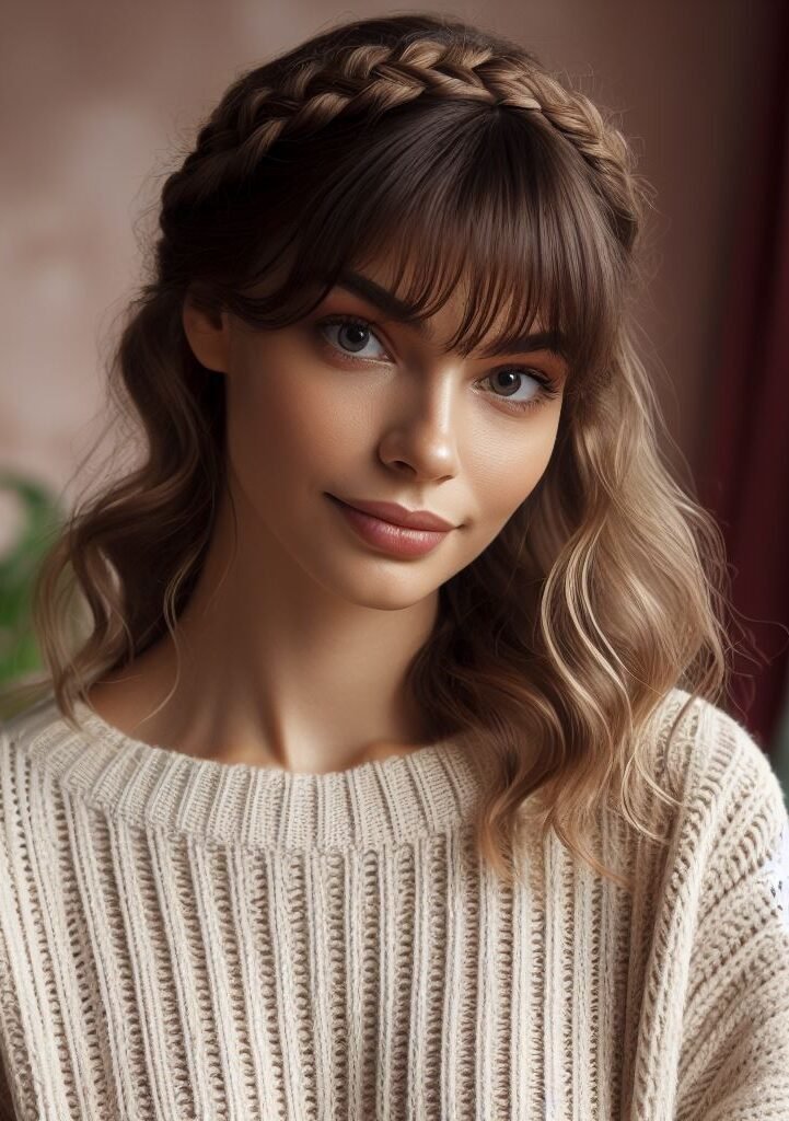 Curtain Bangs: Your Effortless Guide to 55 Stunning Styles! | Pocoko This chic hairstyle combines trendy curtain bangs with a whimsical braided headband. The braid seamlessly weaves along the hairline, framing the face and adding a touch of bohemian flair. #pocoko #curtainbangs #braidedheadband